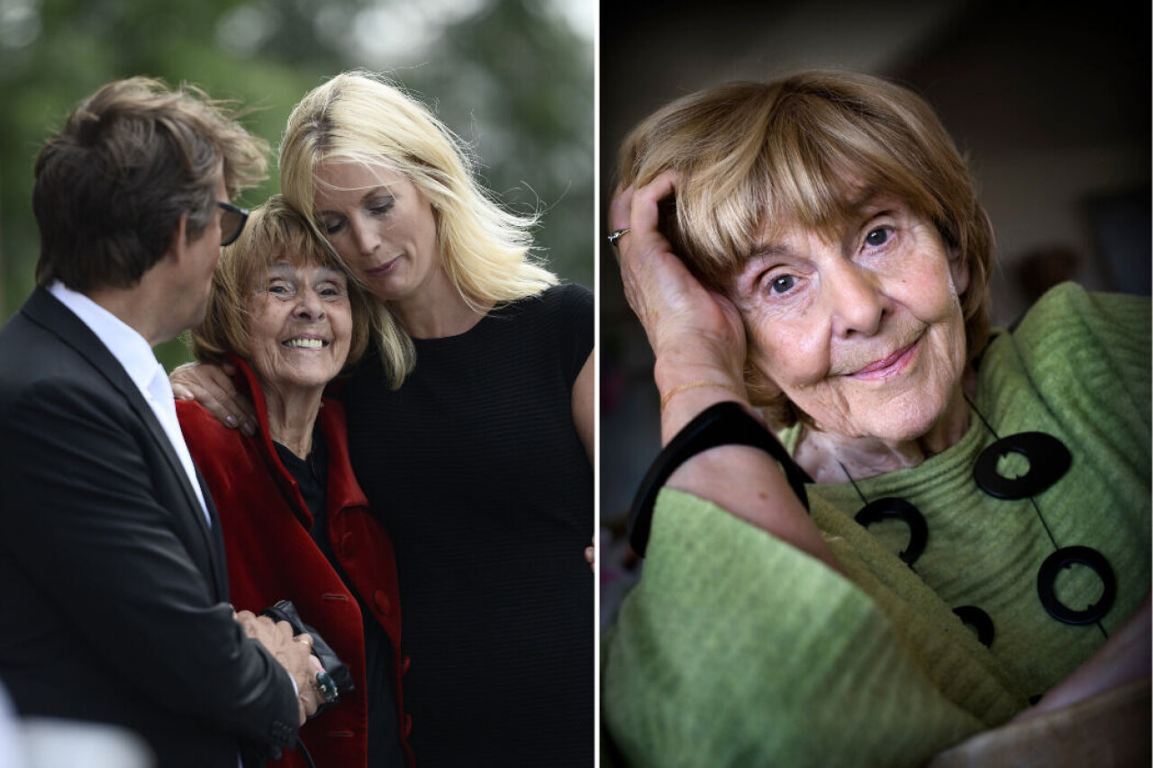 Vänster i bild: Niklas, Margareta och Jenny Strömstedt på Bo Strömstedts begravning.