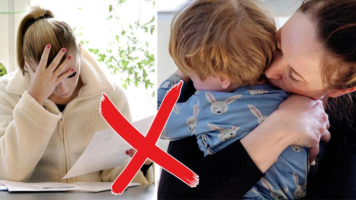 Bild på en tjej som har ekonomisk ångest och en bild på en tjej som pussar sitt barn på kinden och med ett rött kryss.
