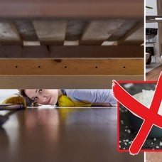 bild på en tjej under en säng och en bild på salt och ett kök.