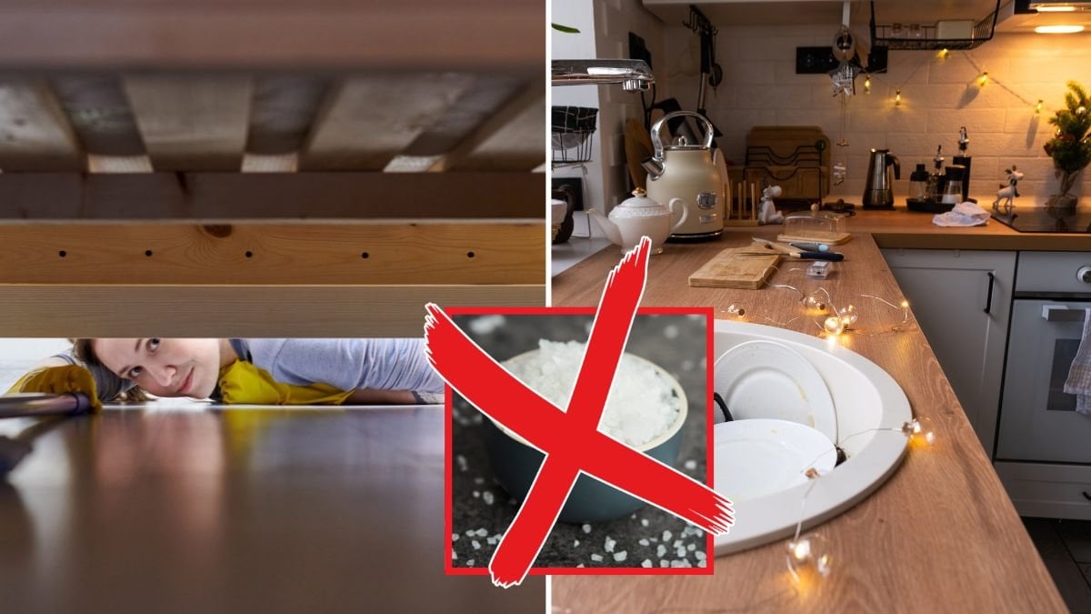 bild på en tjej under en säng och en bild på salt och ett kök.