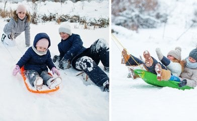 Barn som åker pulka.