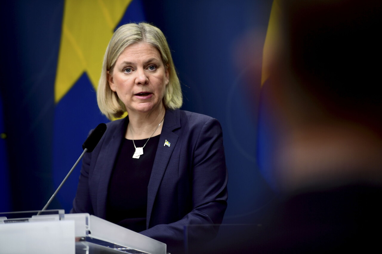 Magdalena Andersson kommenterar Rysslands attack mot Ukraina, vid en pressträff i Rosenbad.