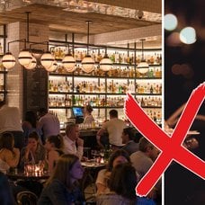 Bild på en restaurang och en bild på ett barn på en restaurang med ett rött kryss på. 